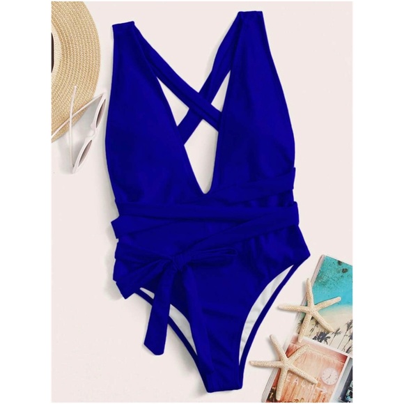 Boho Rust Brown plunging neckline wrap tie monokini One Piece Swim - Picture 12 of 14